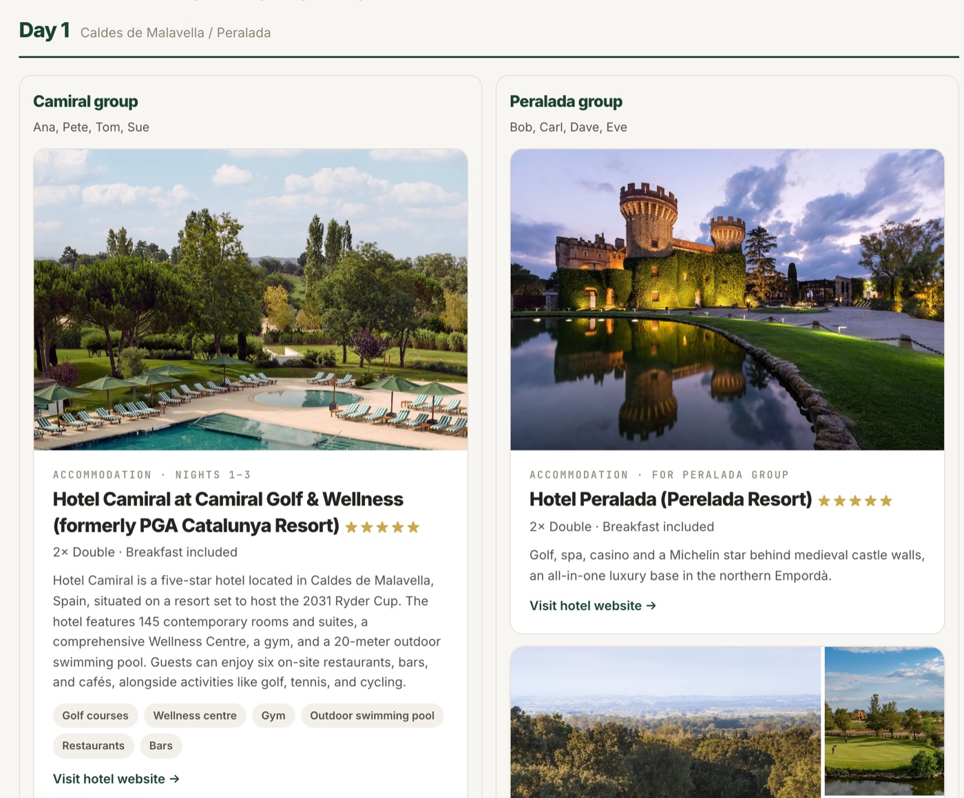 Day 1 on the client page: a Camiral group column with Hotel Camiral for nights 1 to 3 and a Peralada group column with Hotel Peralada, each with its travellers
