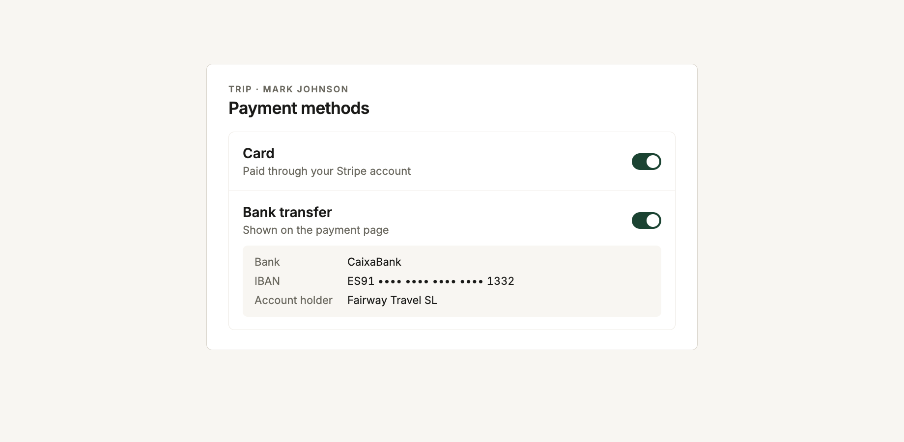 A trip's payment methods with Card and Bank transfer switched on and the bank details