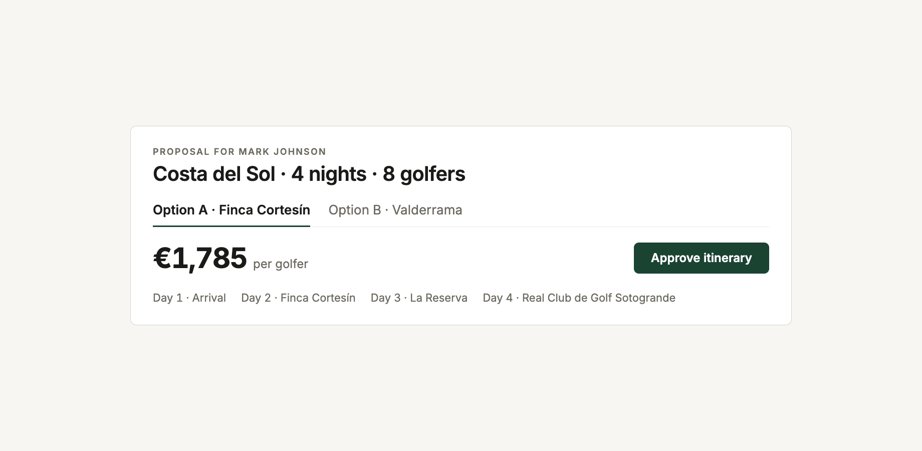 A client proposal with a tab for each option and an Approve itinerary button