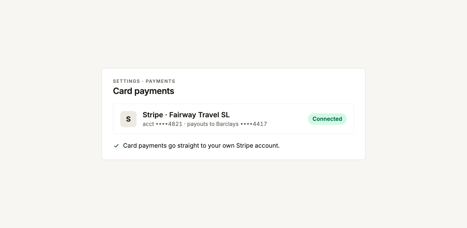 Settings, Payments: a Stripe account shown as connected