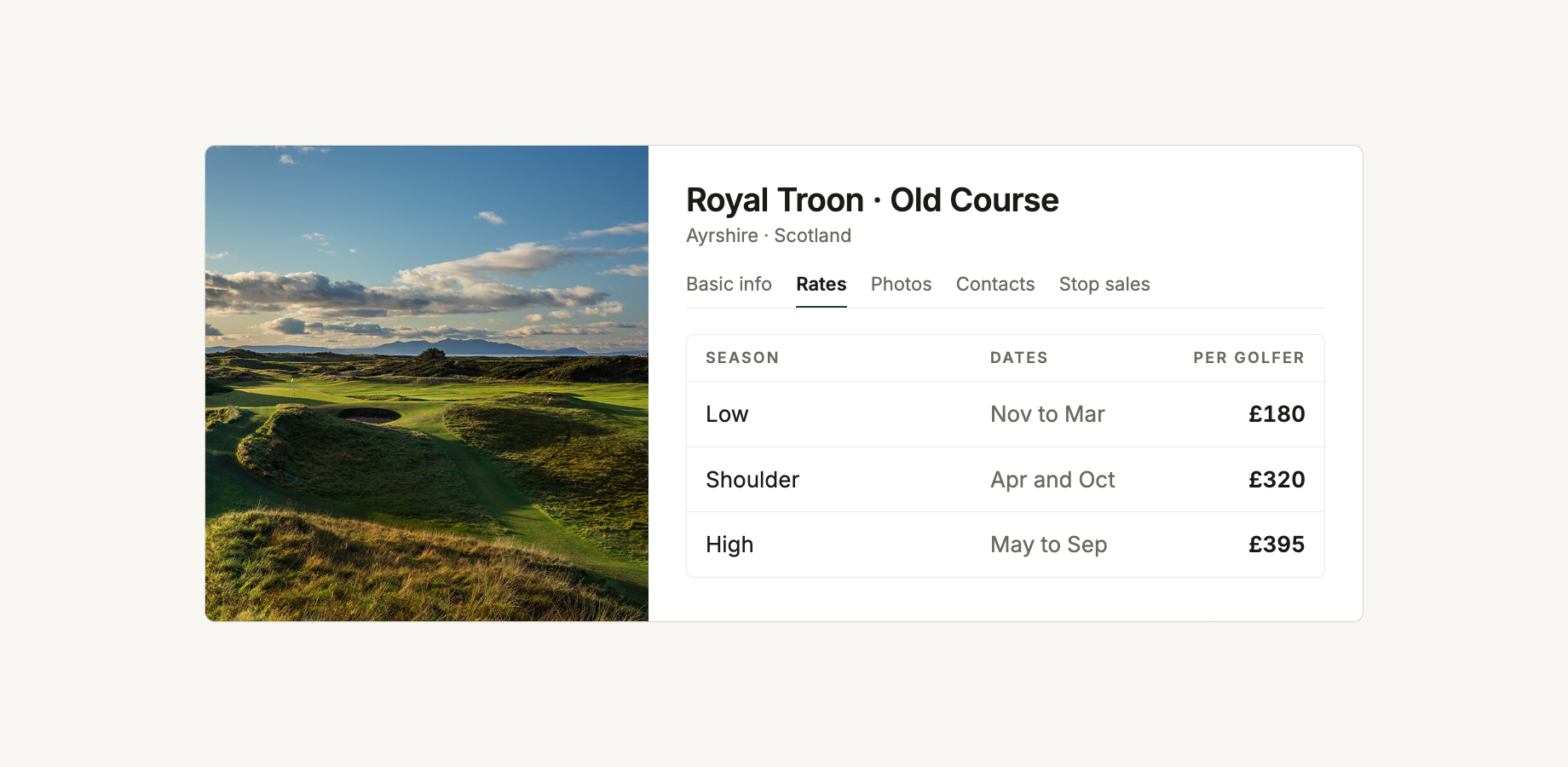 A course page with its photo, tabs and a green fee table by season