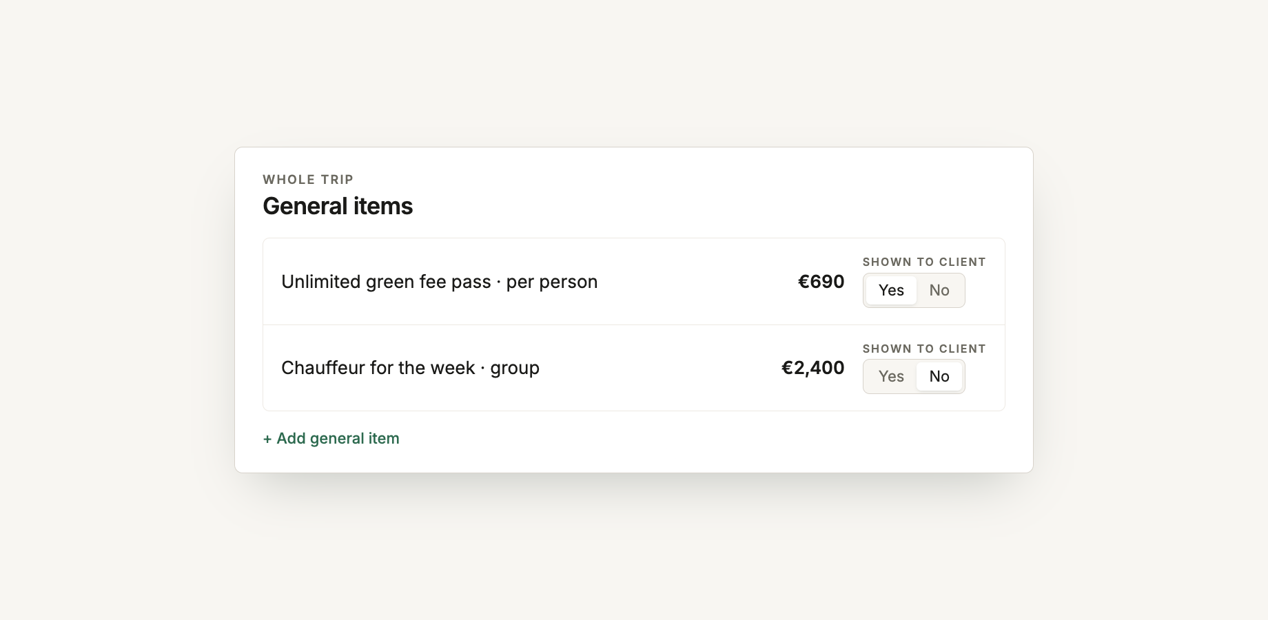 General items for the whole trip, each with its price and a Shown to client switch